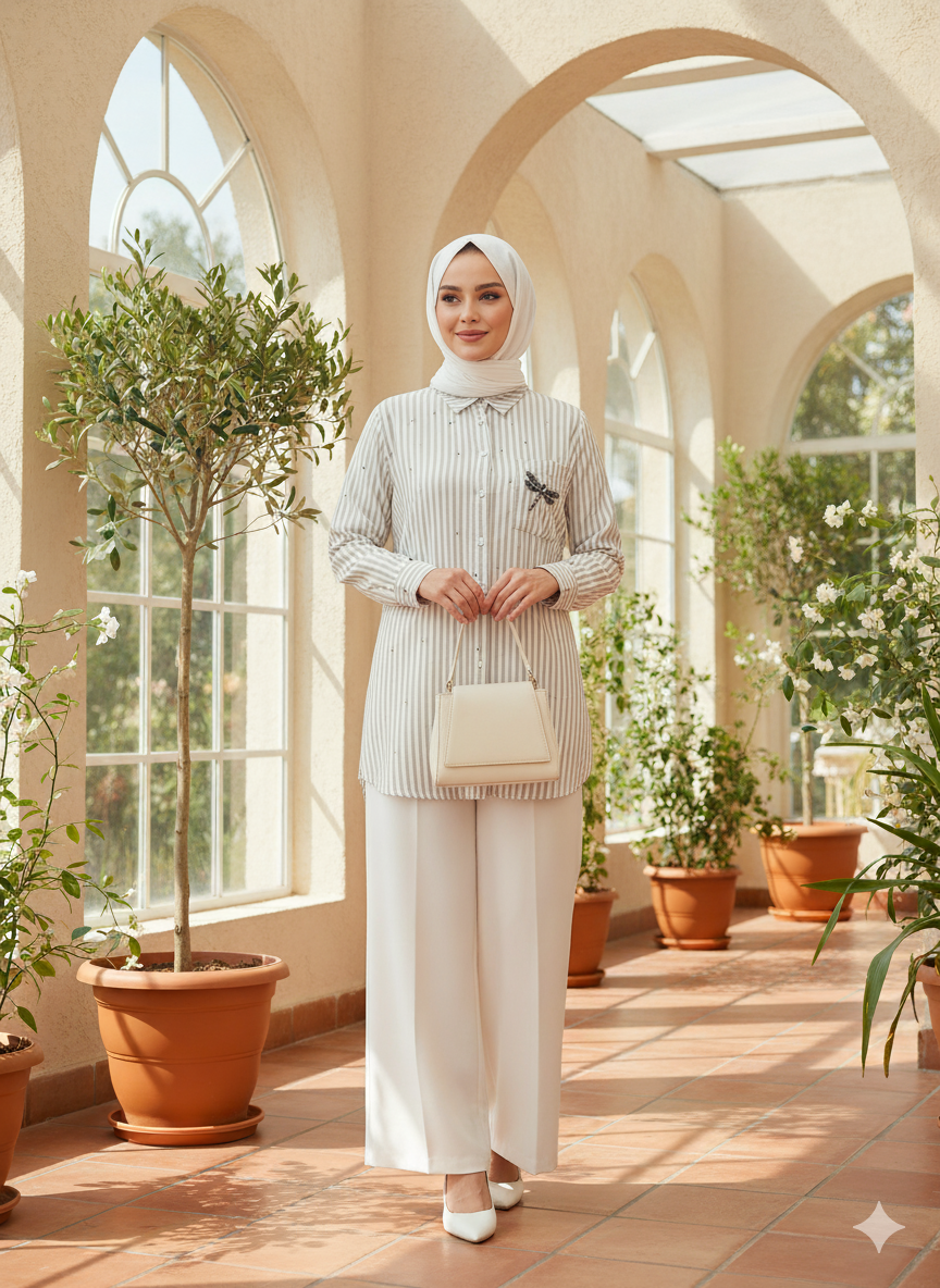 Chic Pinstripe Dragonfly Tunic Blouse