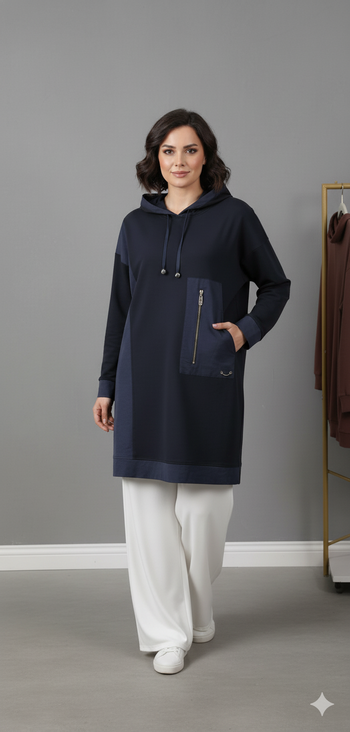 Navy Tunic Hoodie with Zipper Pocket