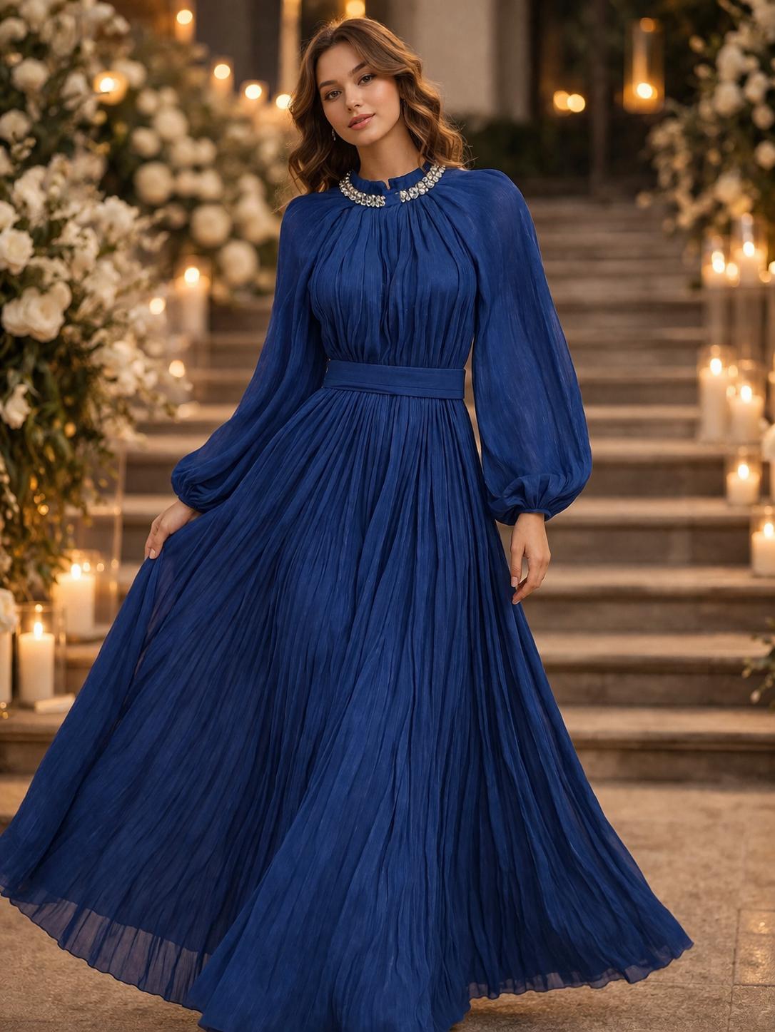 Midnight Blue Pleated Chiffon Gown with Embellished Collar