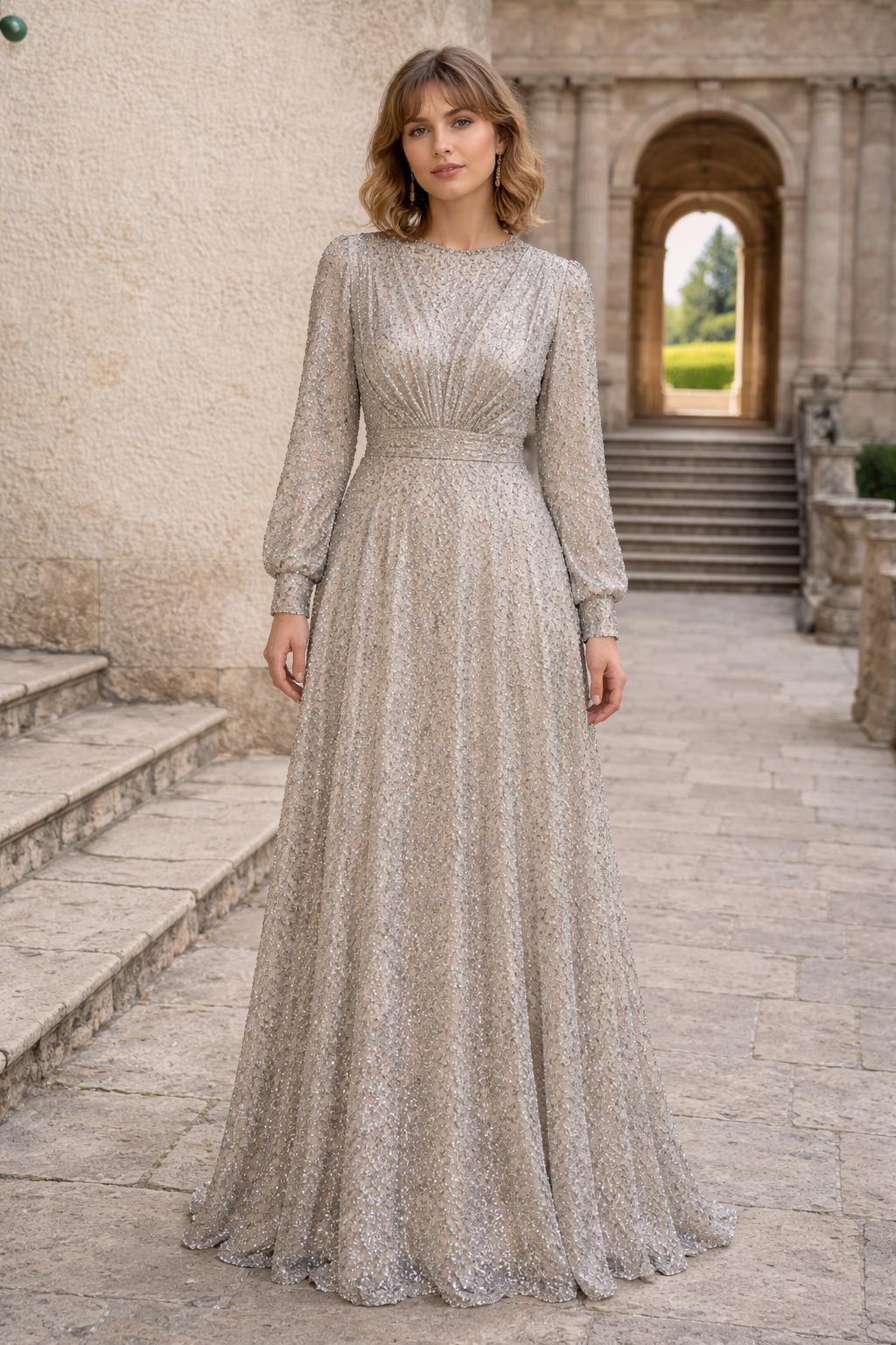 Starlight Silver Shimmer Gown with Cinched Waist