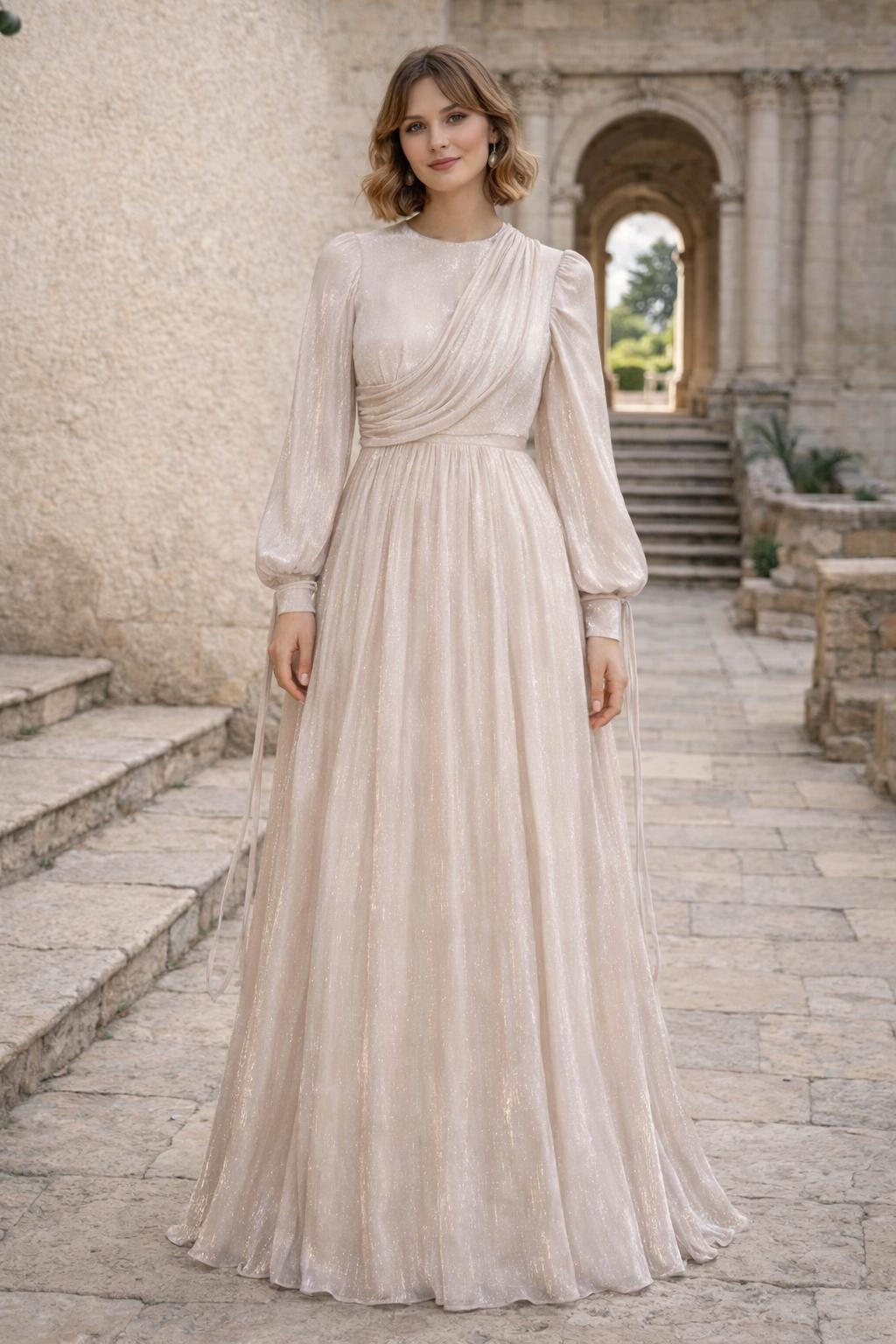 Champagne Shimmer Draped Gown with Draped Cape Sleeves