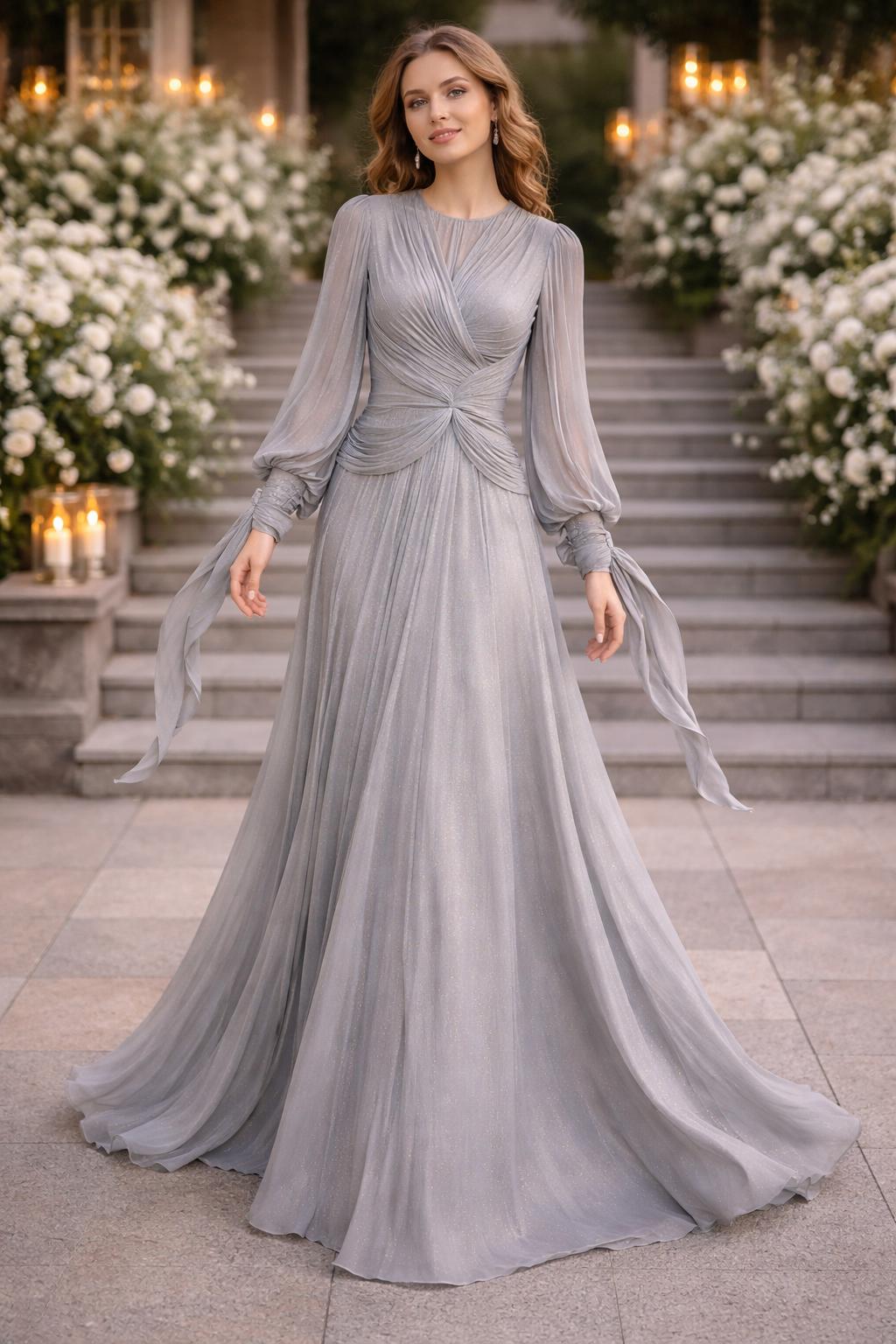 Shimmering Criss-Cross Draped Gown with Ribbon Sleeves