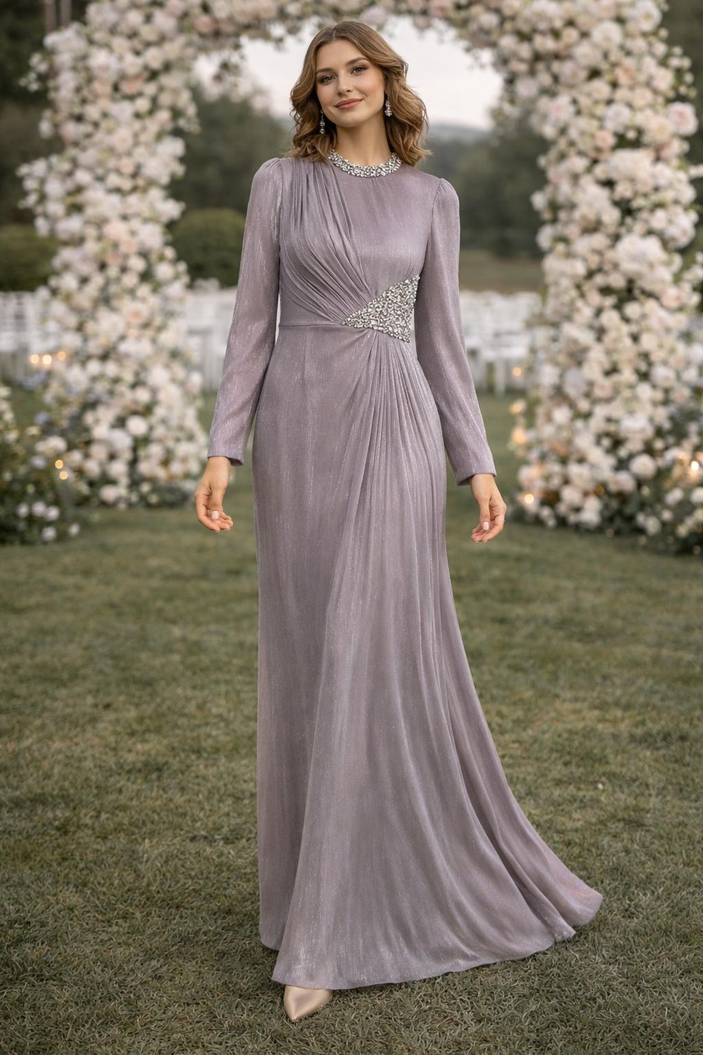 Shimmering Lilac Embellished Gown with Cinched Waist