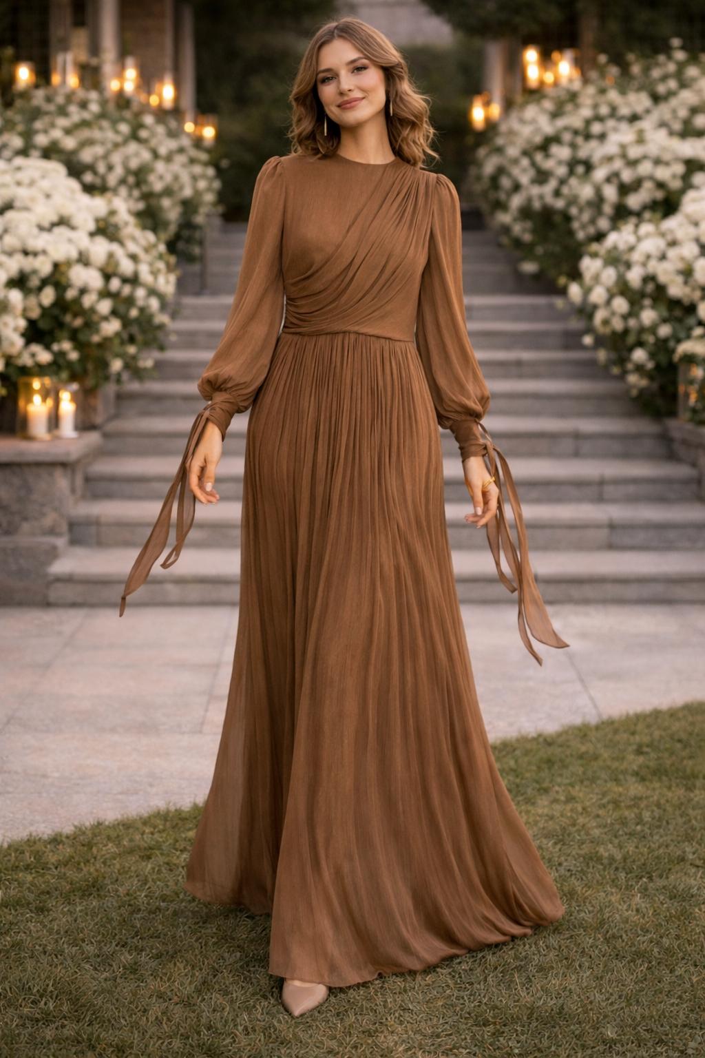 Cinnamon Shimmer Draped Maxi Gown with Ribbon Cuffs