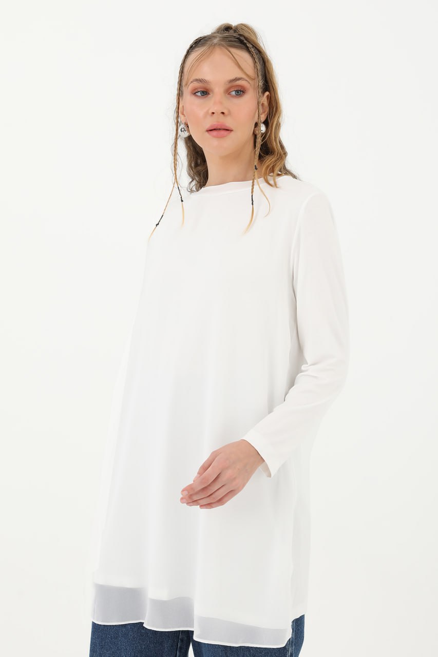 Elegant White Chiffon Hem Tunic Blouse