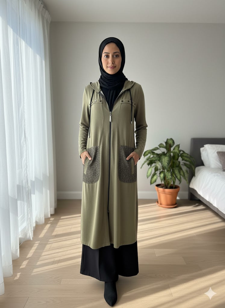 Olive Green Zip-Up Long Hoodie