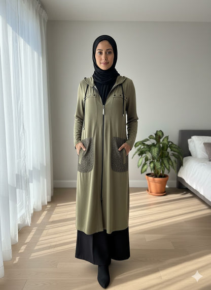 Olive Green Zip-Up Long Hoodie