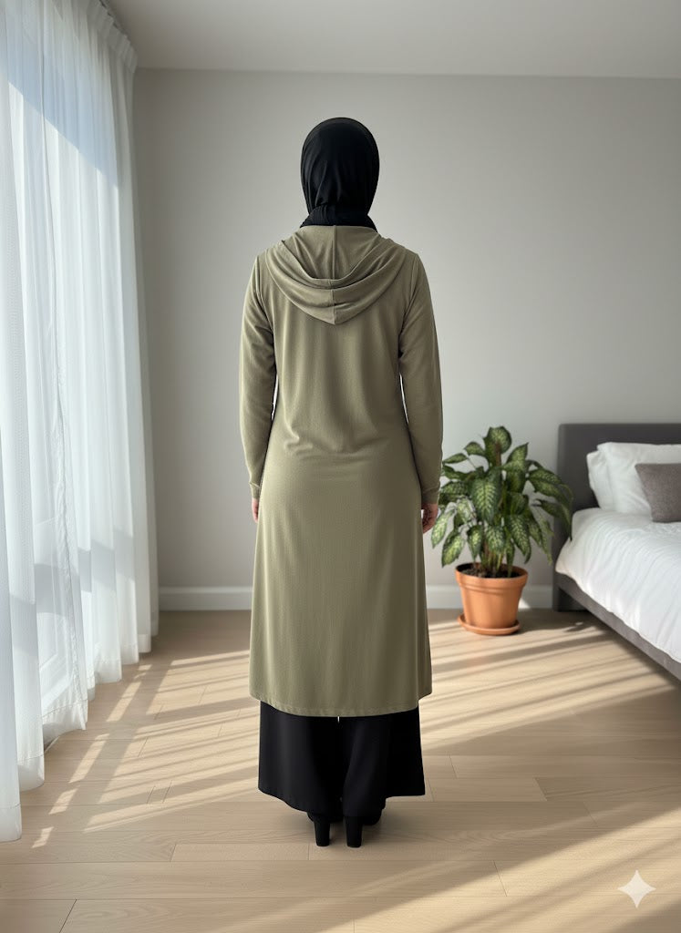 Olive Green Zip-Up Long Hoodie