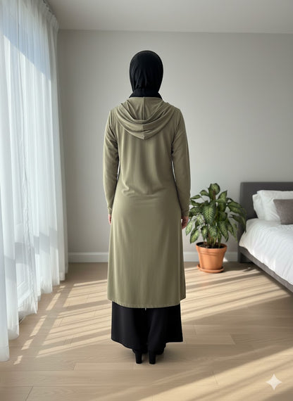 Olive Green Zip-Up Long Hoodie