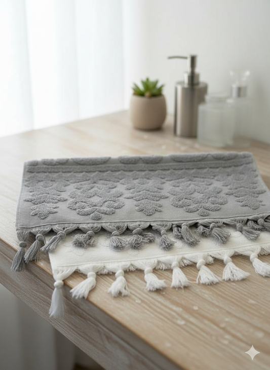 Embossed Floral Tassel Hand Towel