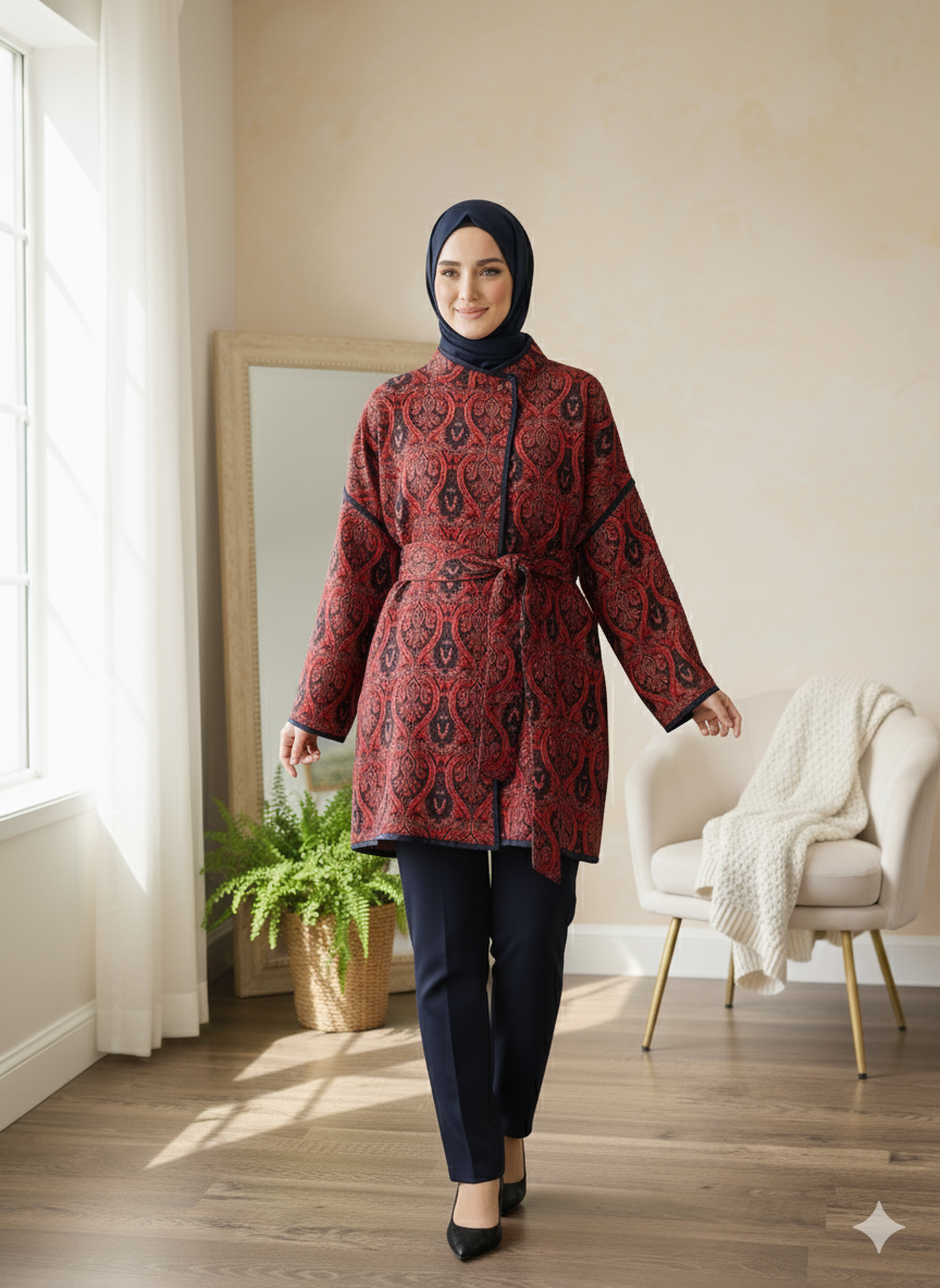 Vintage Inspired Jacquard Cardigan - Modest Relaxed Fit Tunic Coat