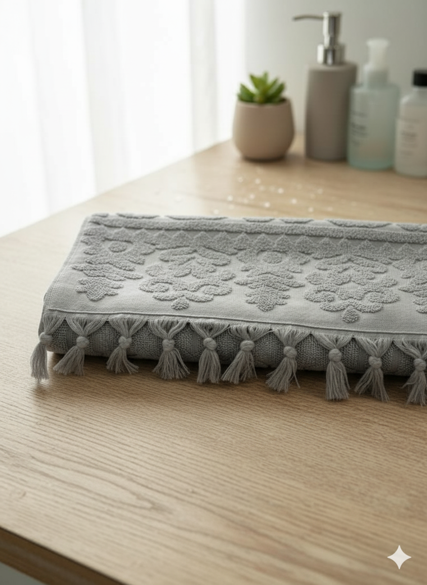 Embossed Floral Tassel Hand Towel