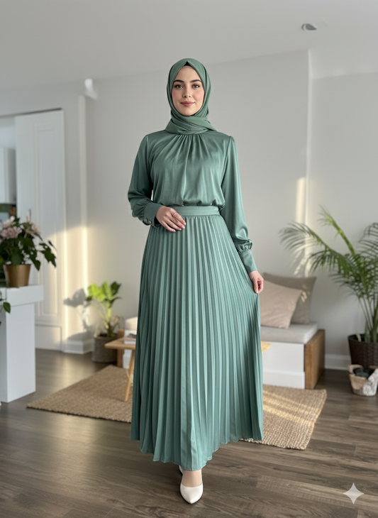 Sage Green Satin Pleated Dress - Long Sleeve Modest Maxi