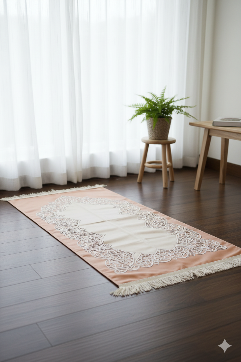 Modern Lavender Prayer Rug with Elegant Lace Design