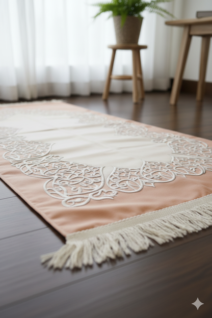 Modern Lavender Prayer Rug with Elegant Lace Design