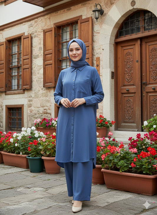 The Everyday Modest Tunic Set in Dusty Blue