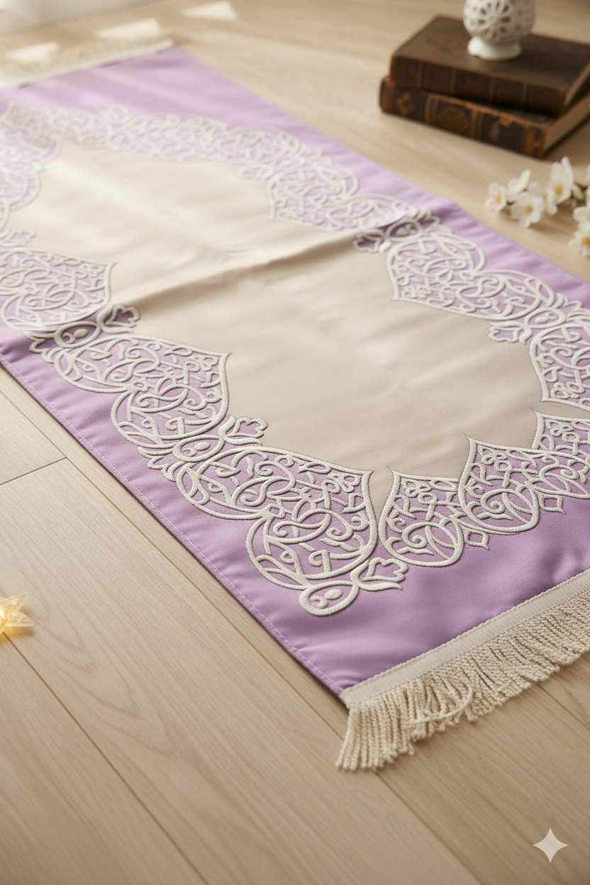 Modern Lavender Prayer Rug with Elegant Lace Design