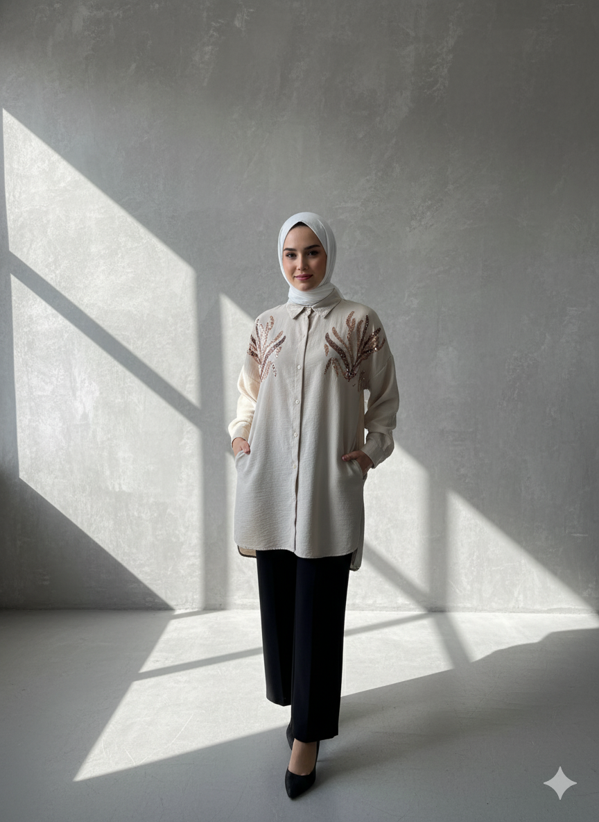 Neutral Sequin Detail Long Shirt