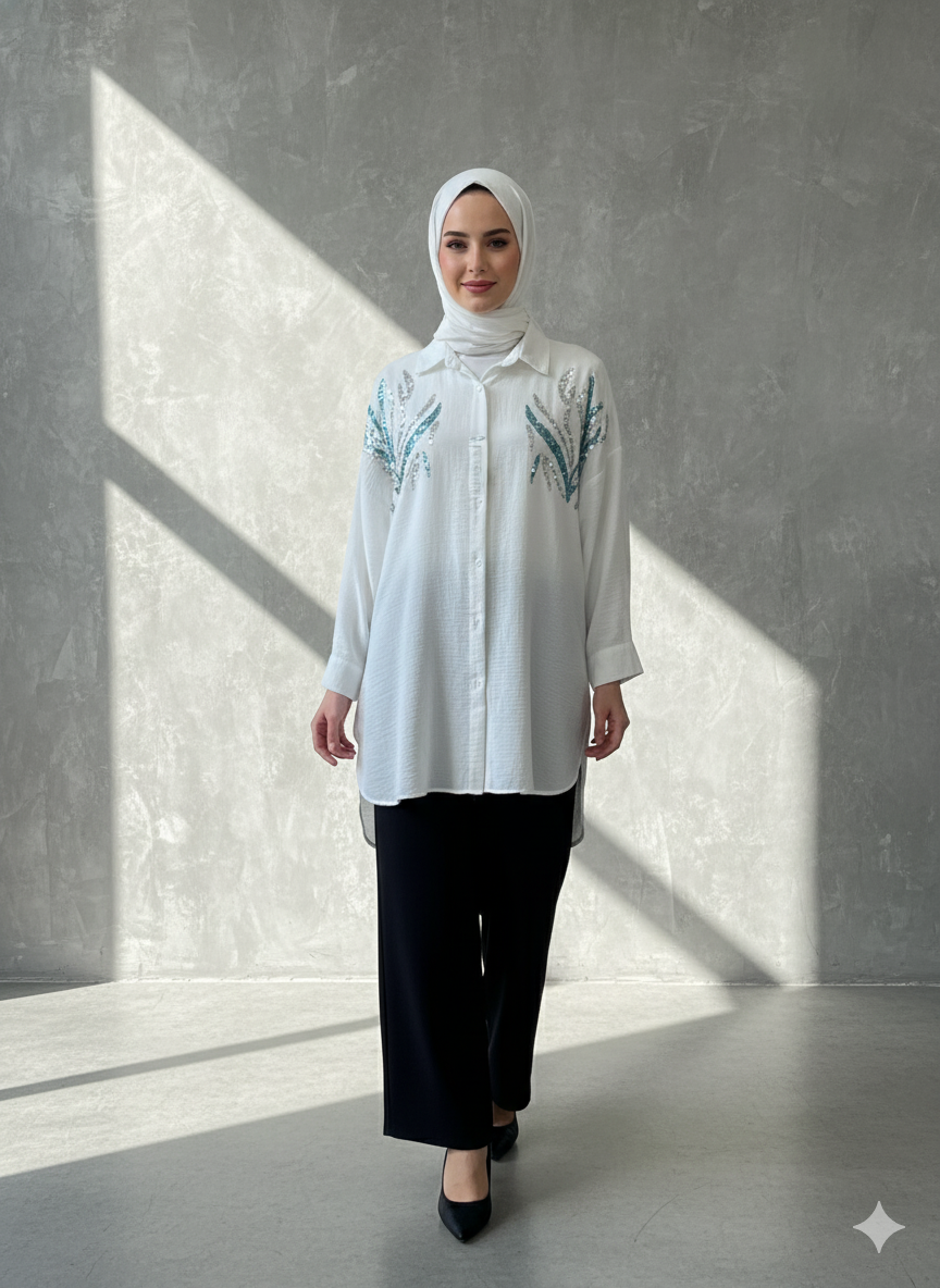 Neutral Sequin Detail Long Shirt