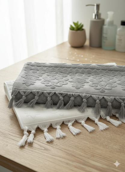 Embossed Floral Tassel Hand Towel