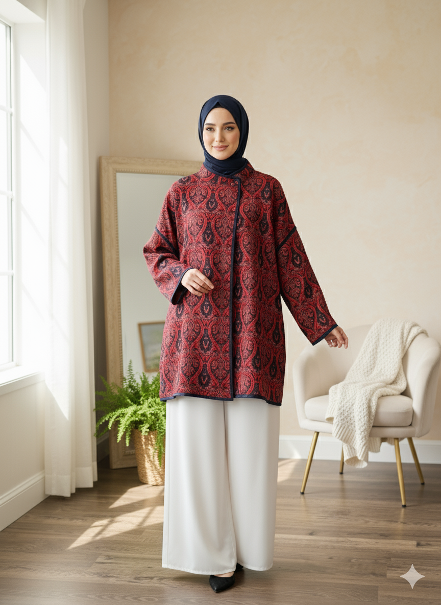 Vintage Inspired Jacquard Cardigan - Modest Relaxed Fit Tunic Coat