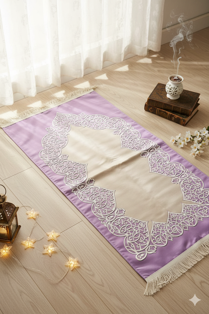 Modern Lavender Prayer Rug with Elegant Lace Design
