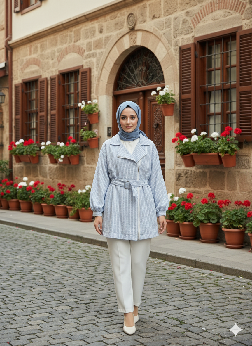 Belted Striped Asymmetrical Zip Jacket