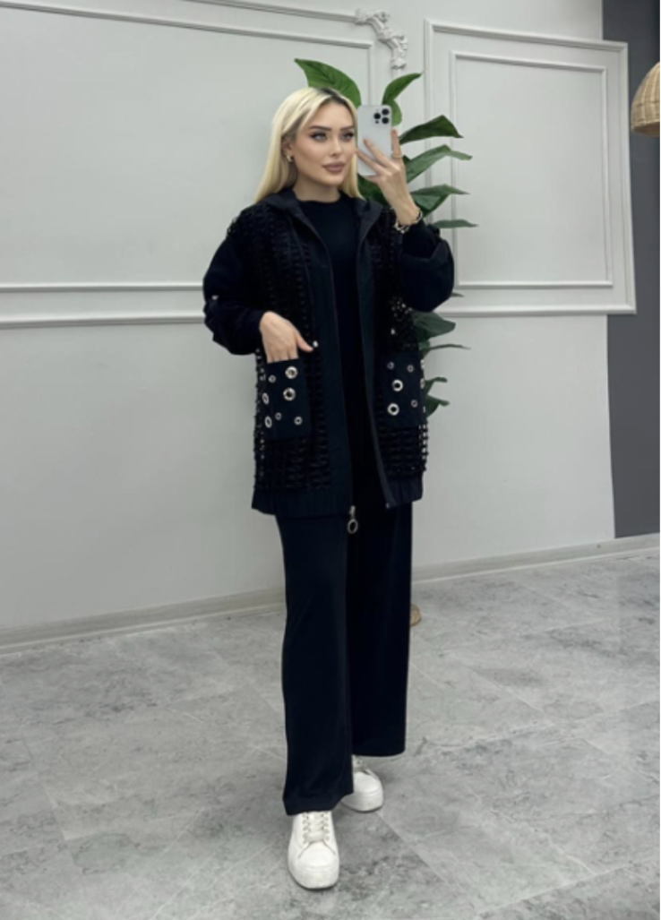 Embellished Black Cardigan with Grommet Details