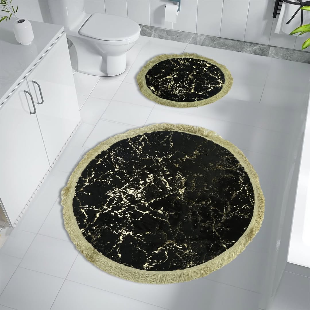 Luxury Marble Print 2-Piece Fringed Bath Rug Set