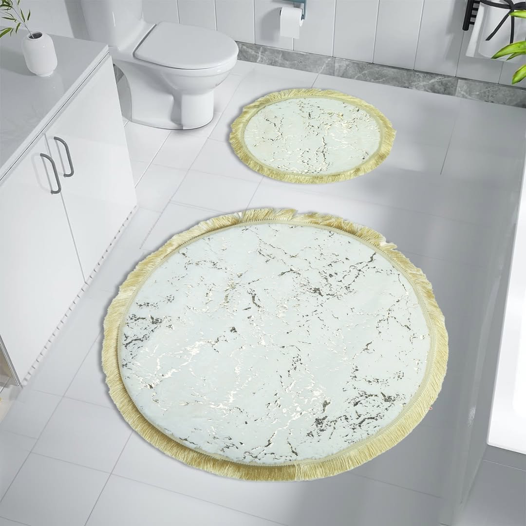 Luxury Marble Print 2-Piece Fringed Bath Rug Set