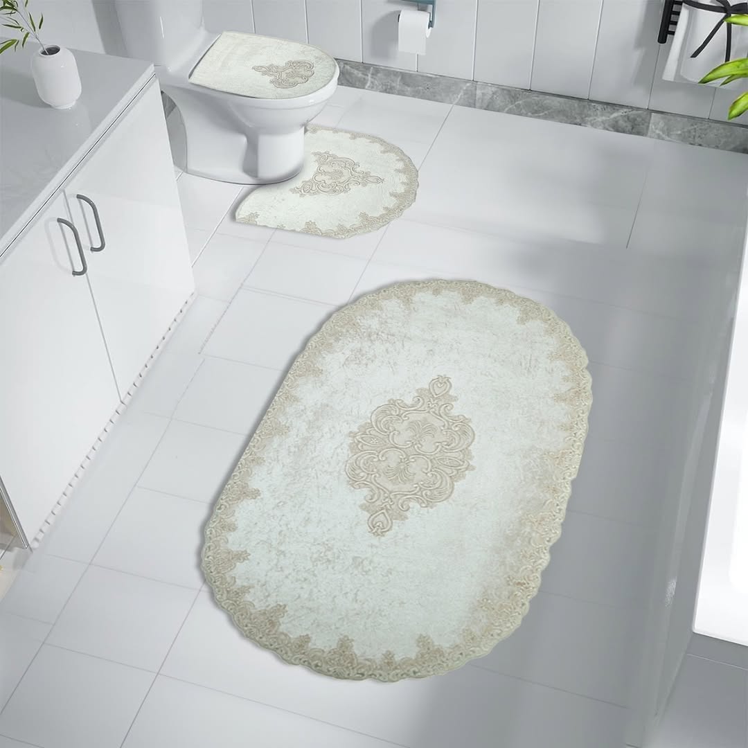 Elegant Lace-Trimmed 3-Piece Bathroom Rug Set