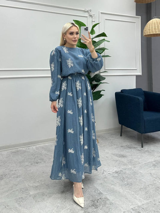Modest Blue Floral Maxi Dress