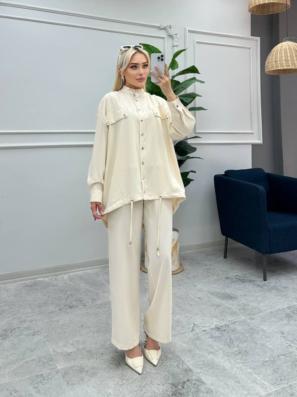 Elegant Cream Women’s Two-Piece Set – Long Sleeve Shirt & Wide Leg Pants