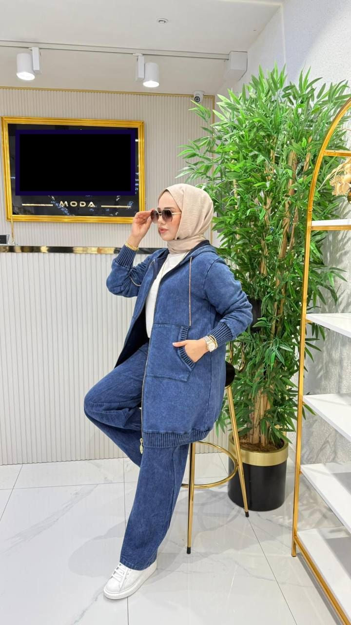 Urban Comfort Denim-Look Modest Tracksuit