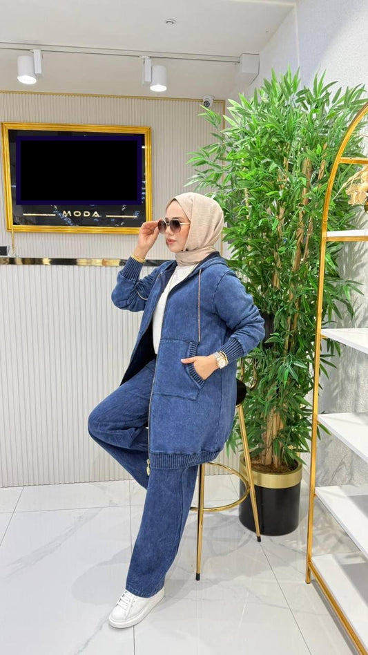 Urban Comfort Denim-Look Modest Tracksuit