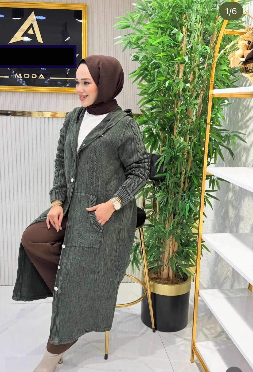 Mixed-Media Hooded Longline Coatigan - Khaki Green