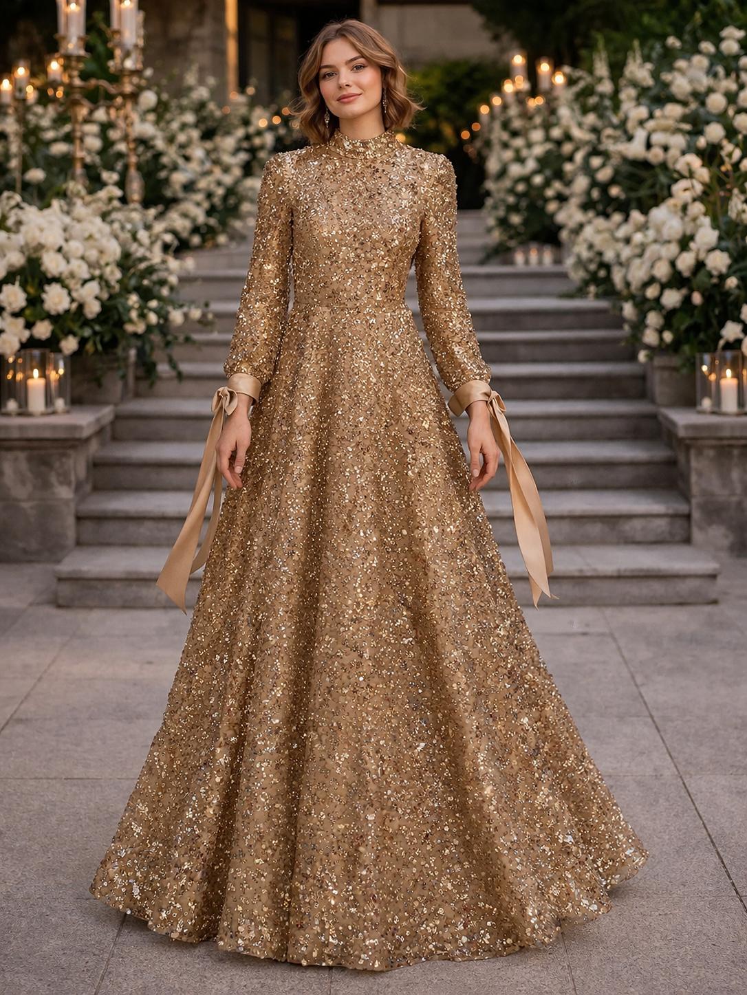 Golden Radiance Sequin Gown with Satin Ribbon Cuffs