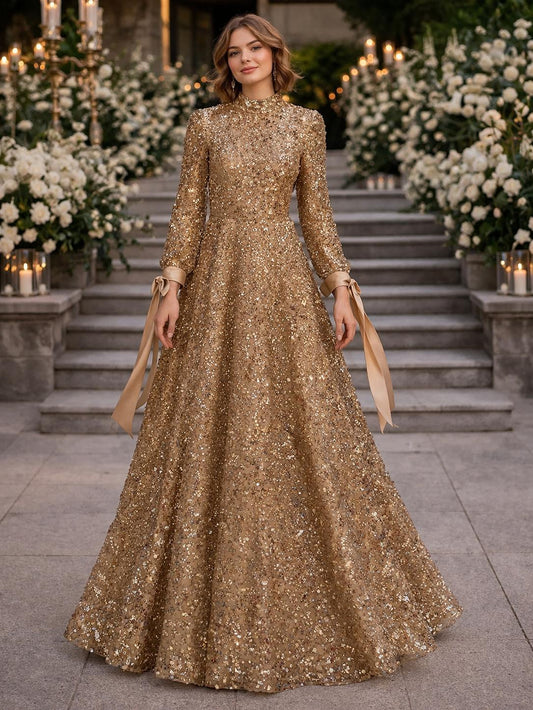 Golden Radiance Sequin Gown with Satin Ribbon Cuffs