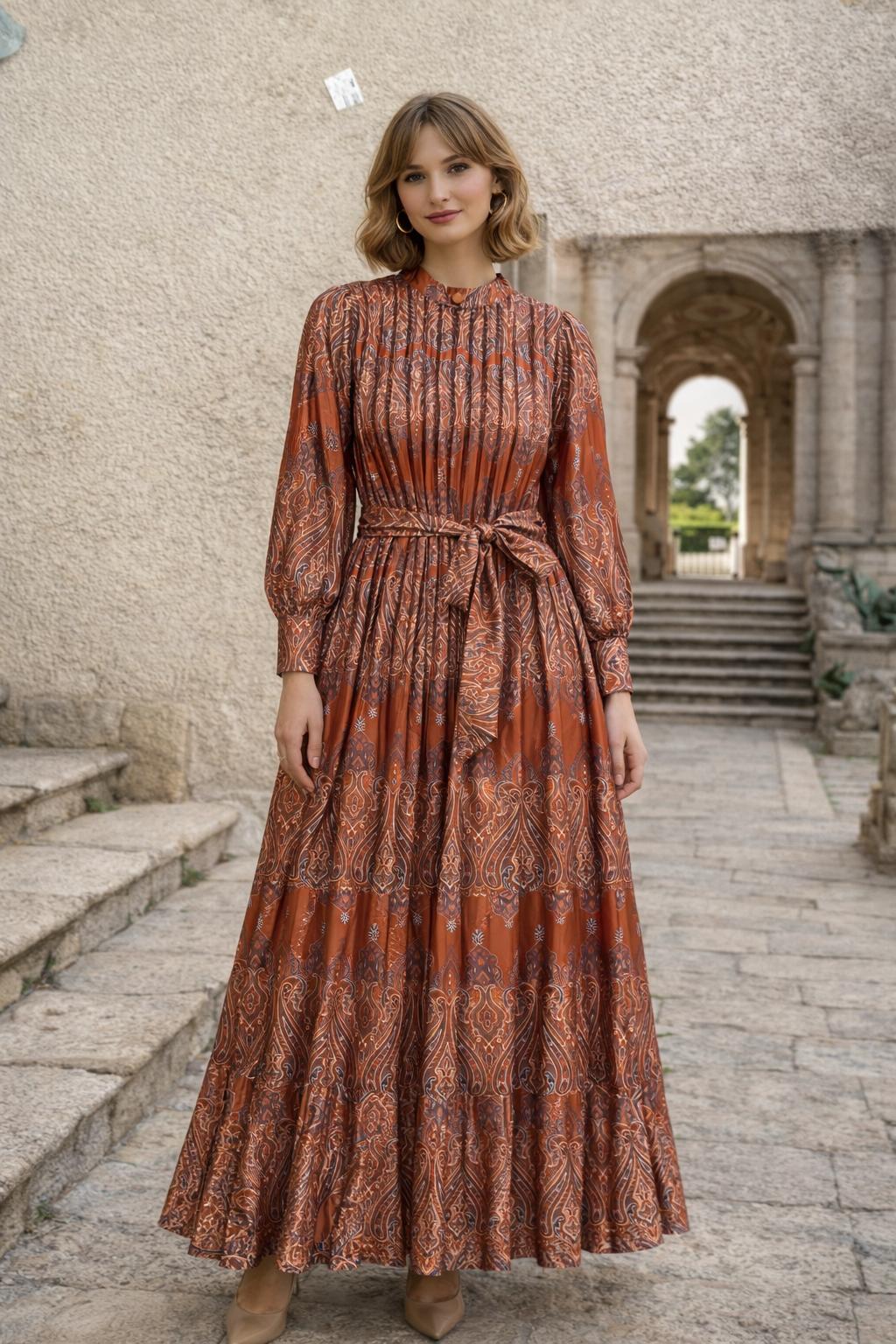 Paisley Print Pleated Maxi Dress with Waist Tie