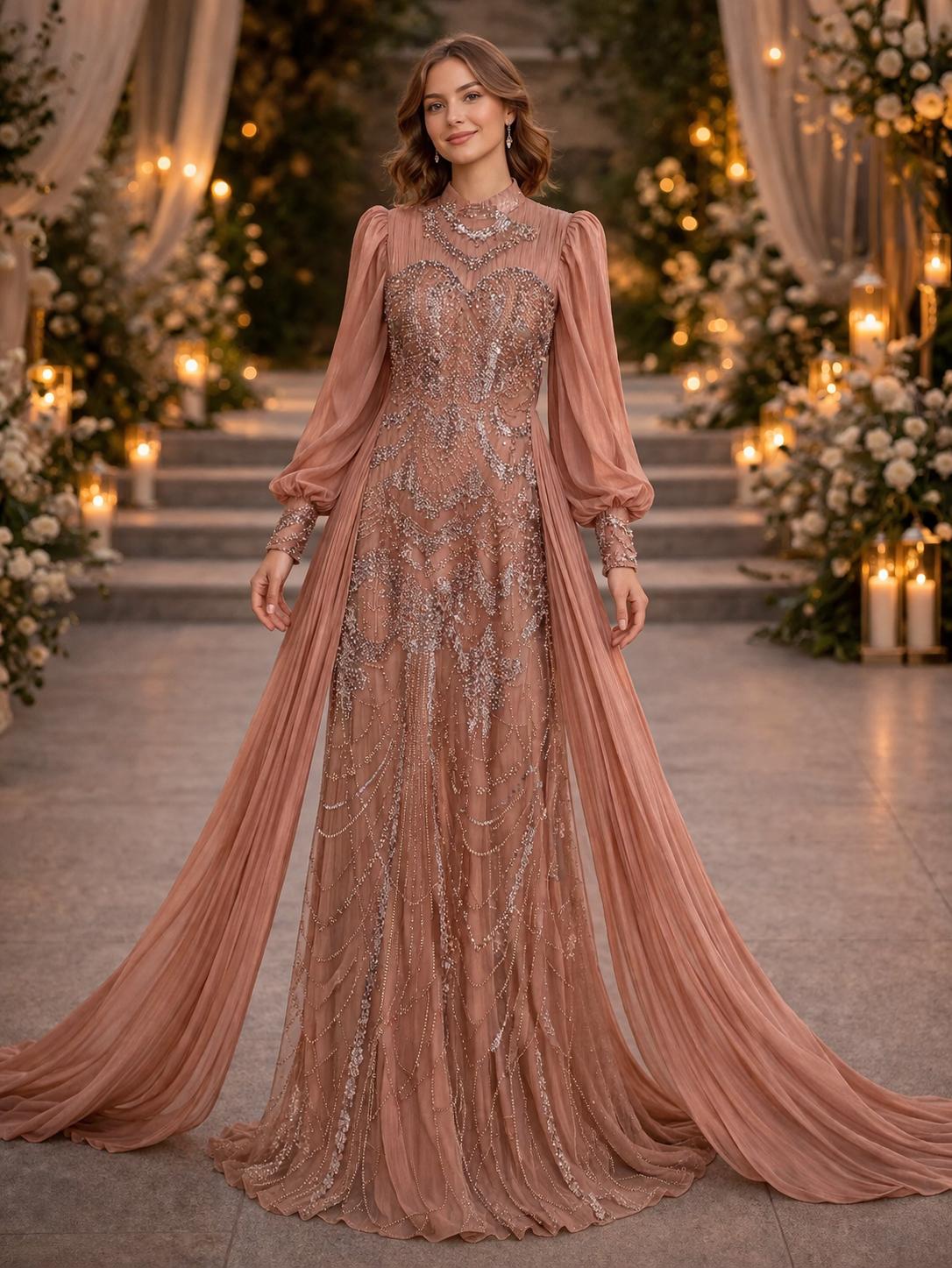 Rose Gold Embellished Gown with Draped Cape Sleeves