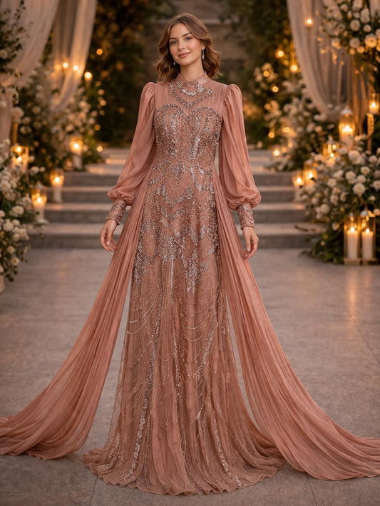 Rose Gold Embellished Gown with Draped Cape Sleeves