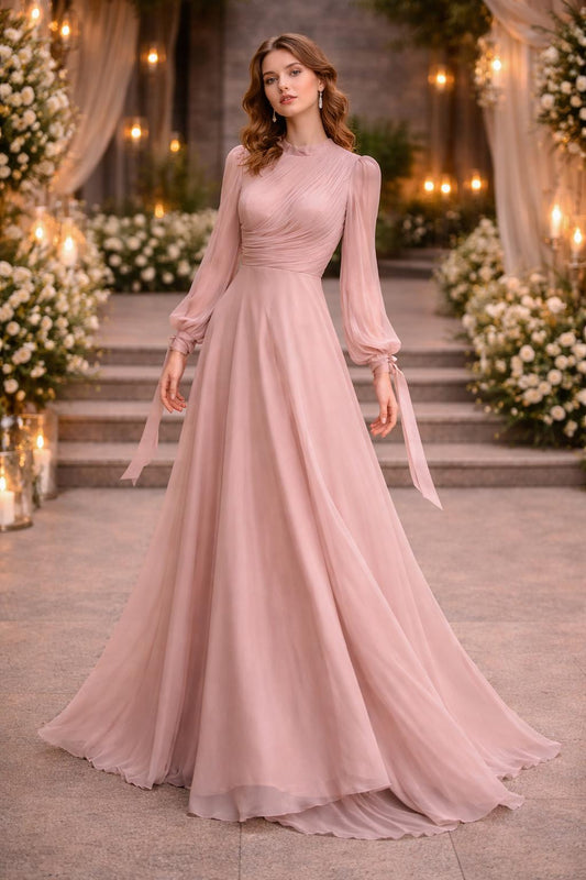 Rose Petal Chiffon Gown with Pleated Bodice