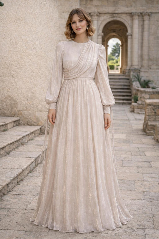 Champagne Shimmer Draped Gown with Draped Cape Sleeves