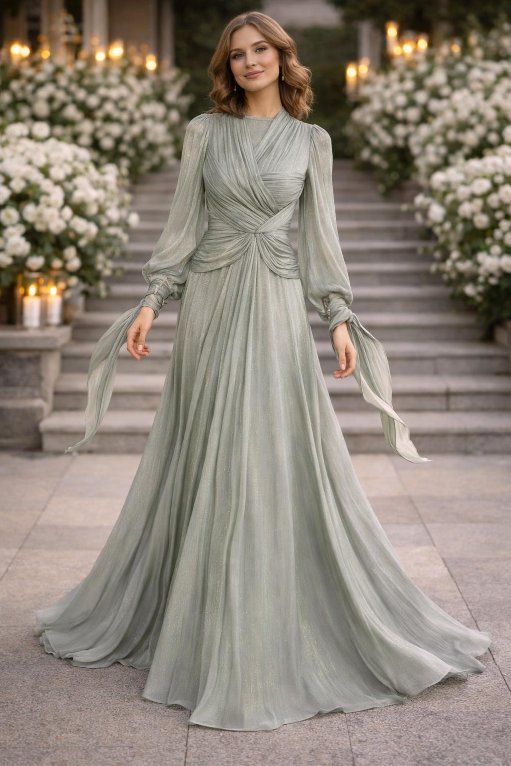 Shimmering Criss-Cross Draped Gown with Ribbon Sleeves