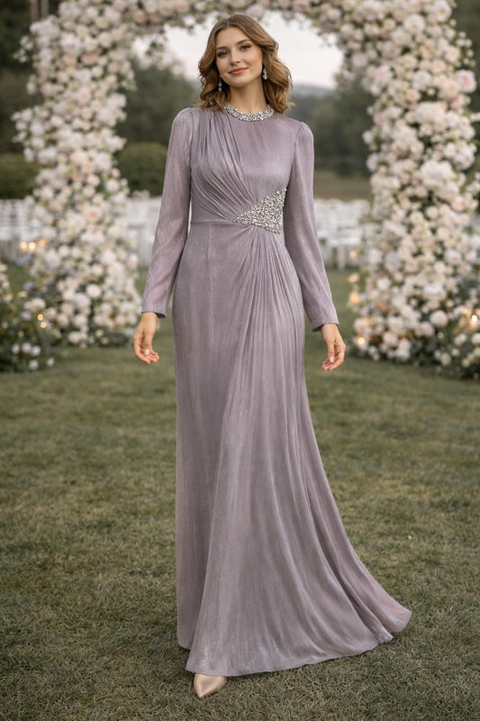 Shimmering Lilac Embellished Gown with Cinched Waist