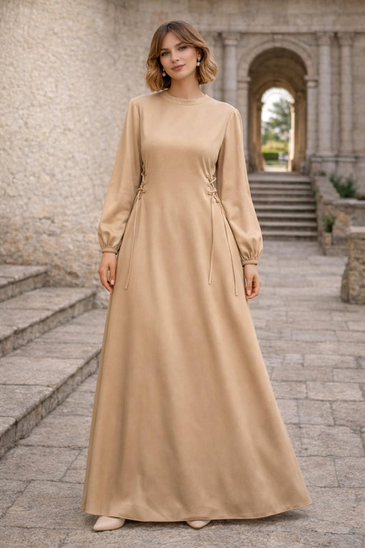 Sand Beige Maxi Dress with Side Lace-Up Detail