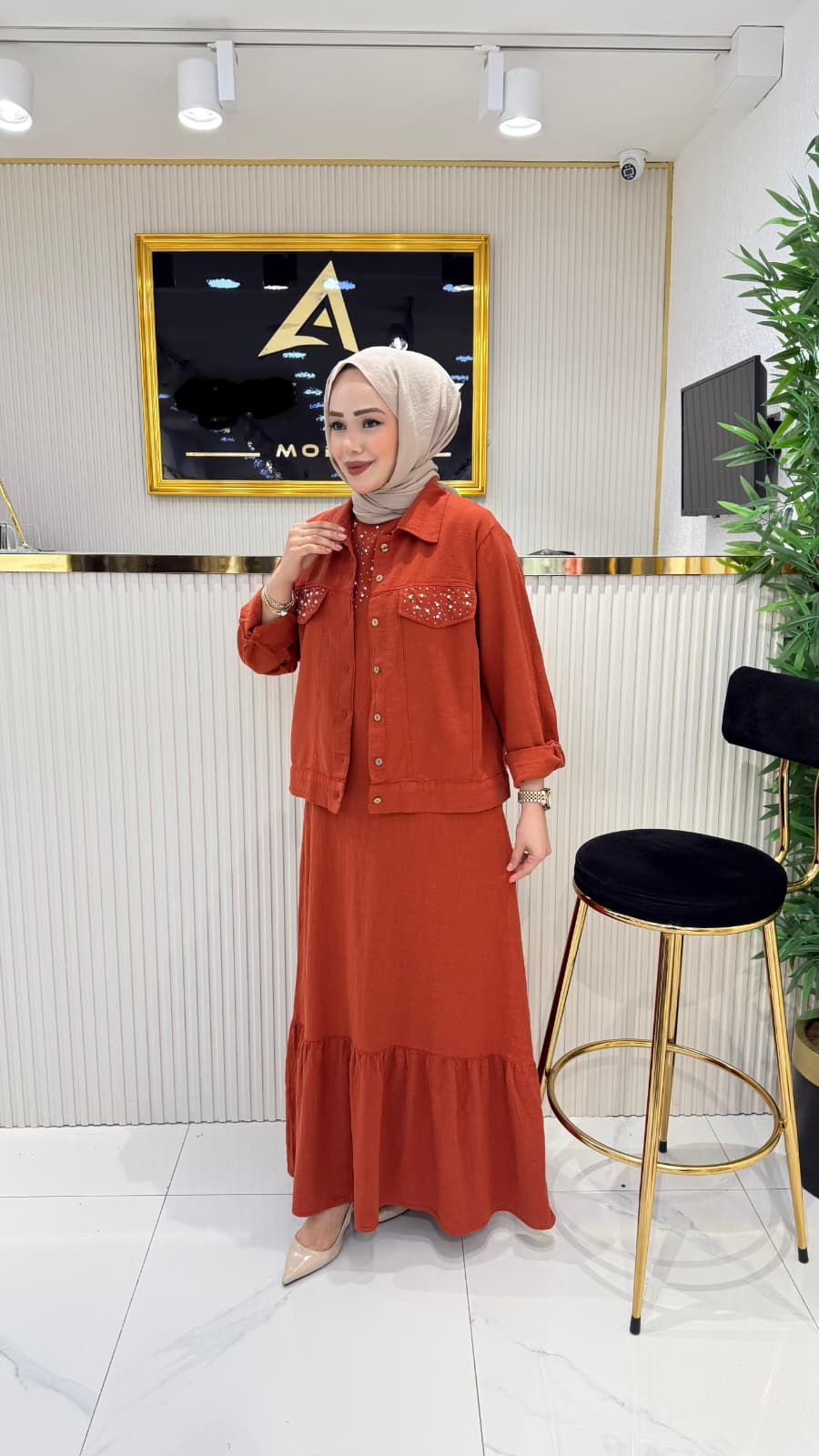Terracotta Pearl-Accent Skirt Set