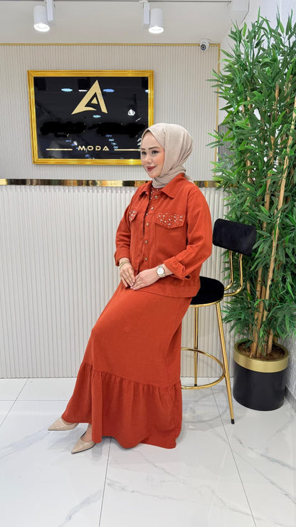 Terracotta Pearl-Accent Skirt Set