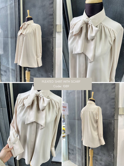 Ivory Pussy-Bow Pleated Blouse