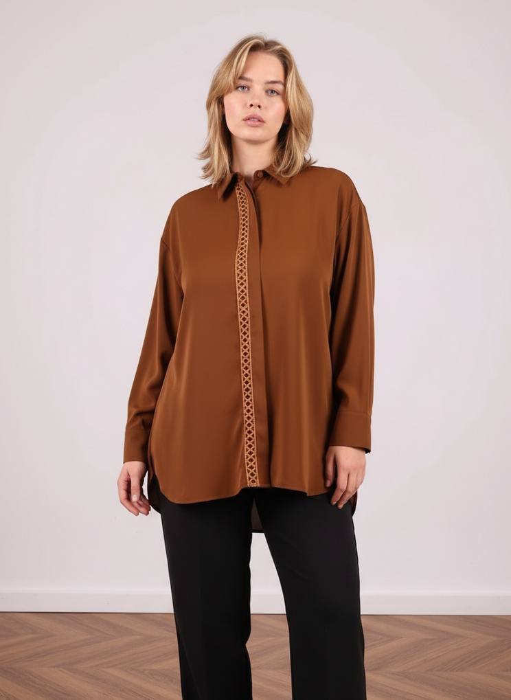 Cinnamon Lattice-Trim Tunic Shirt